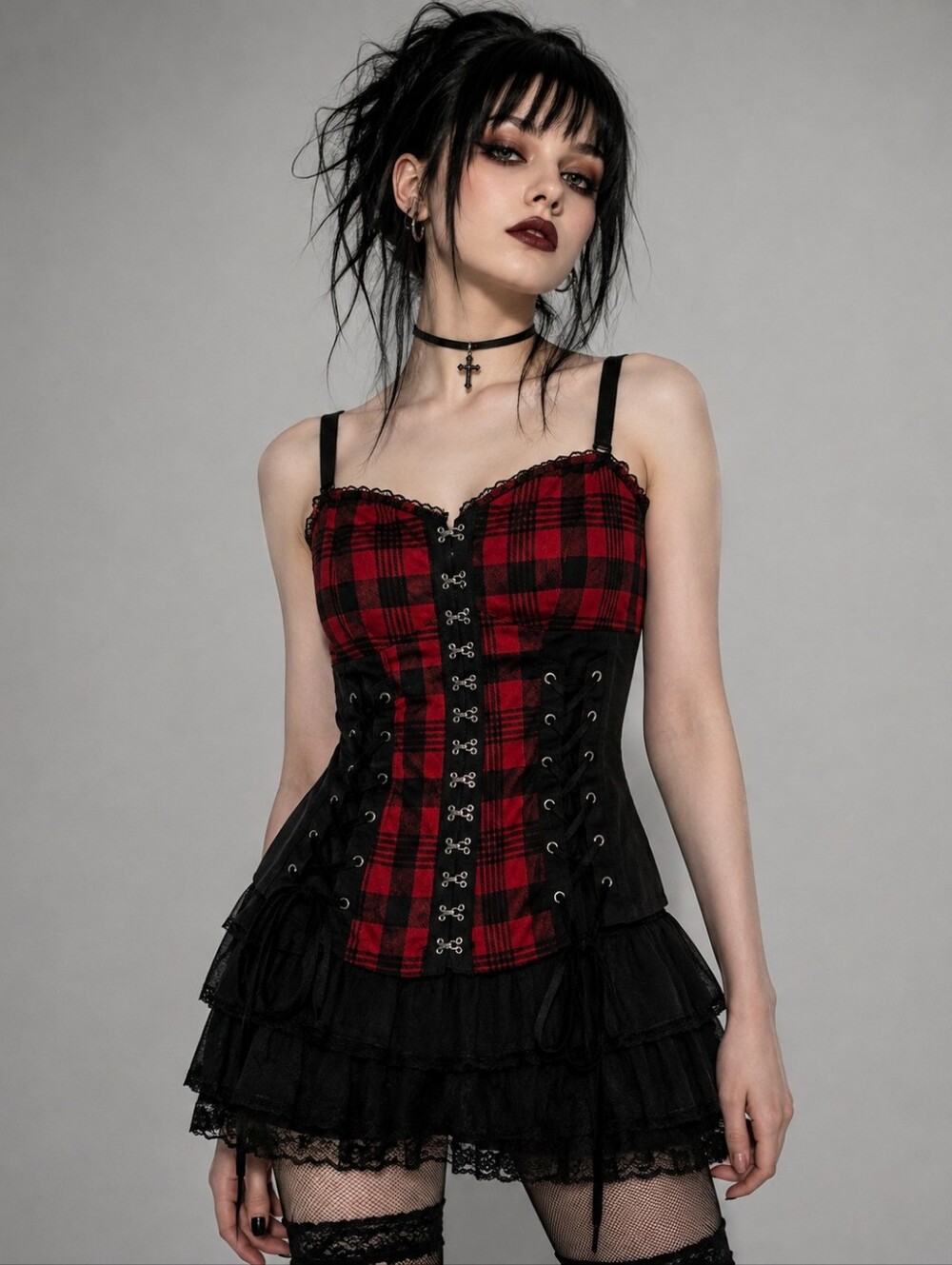 Y2K Royal Bones by Tripp Plaid Corset Size M Red Black Daang Goodman Top
